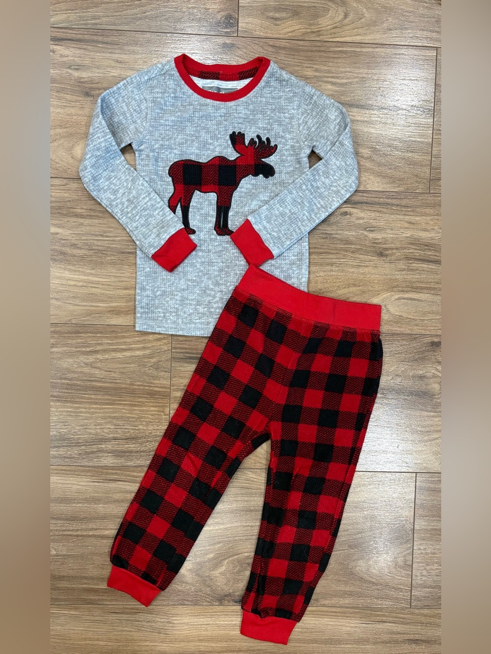 Eddie Bauer Gray Top with Red Trim & Red Buffalo Plaid Moose Pajama Set